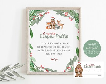 Christmas Diaper Raffle Sign, Woodland Diaper Raffle Cards, Diaper Raffle Cards, Diaper Raffle Cards Printable, Templett Sign, WLP-WCH 3756