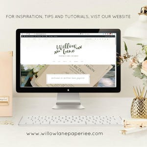 May include: A computer screen displaying the website for Willow Lane Paperie, a business that sells printables and stationery. The website features a floral design and the text "Welcome to Willow Lane Paperie".