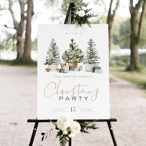 May include: A white sign with a watercolor illustration of three Christmas trees decorated with ornaments and presents. The sign reads "Welcome to The Davids Family Christmas Party Saturday 15 December".