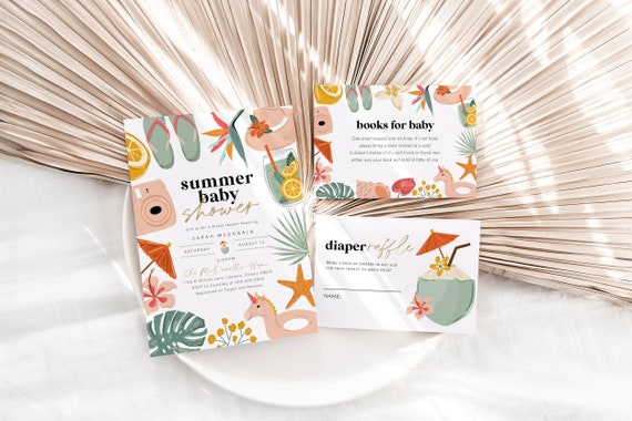 Summer Baby Shower Invitation, Beach Baby Shower Bundle, Baby Shower Invitation, Books for Baby Card, Diaper Raffle, TEMPLETT, WLP-SUM 5001