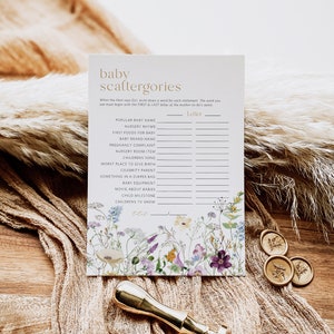 Wildflower Scattergories Game, Scattergories Game Card, Baby Scattergories, Printable Baby Shower Game, Edit with TEMPLETT, WLP-PRW 5316