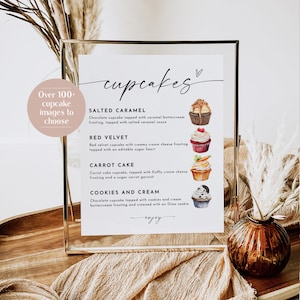 Cupcake Menu Sign, Editable Wedding Cupcake Sign Template, Wedding Dessert Sign, Cupcake Flavors Sign, Edit with TEMPLETT, WLP-LIN 7339