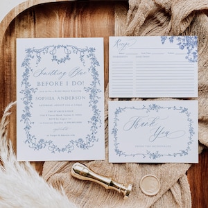 May include: A set of three blue and white floral themed cards for a bridal shower. The first card is an invitation with the text "Something Blue Before I Do!" and the bride's name. The second card is a recipe card with the text "Recipe" and blank lines for ingredients and directions. The third card is a thank you card with the text "Thank You" and "From the McDonalds".