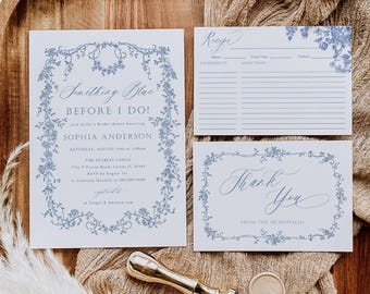 May include: A set of three blue and white floral themed cards for a bridal shower. The first card is an invitation with the text "Something Blue Before I Do!" and the bride's name. The second card is a recipe card with the text "Recipe" and blank lines for ingredients and directions. The third card is a thank you card with the text "Thank You" and "From the McDonalds".