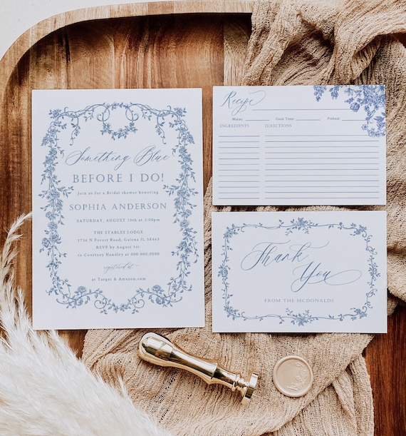Something Blue Before I Do Invitation Set, Blue Chinoisere Bridal Shower Invitation, Recipe, Edit w/ TEMPLETT, WLP-CHI 7491