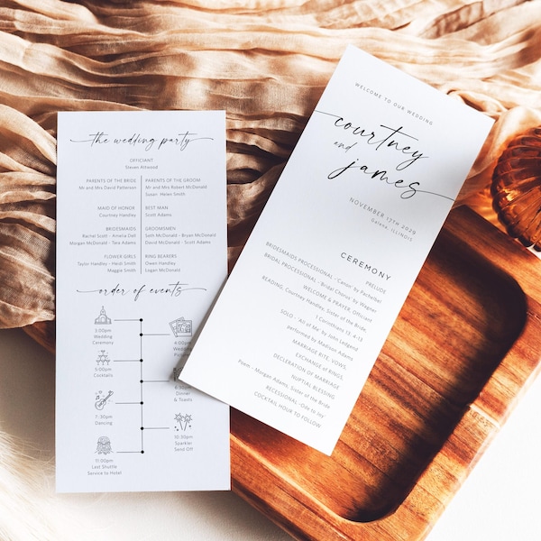 Minimalist Wedding Timeline Program, Editable Wedding Ceremony Program, Modern Wedding Order of Events Program, TEMPLETT, WLP-LIN 7644