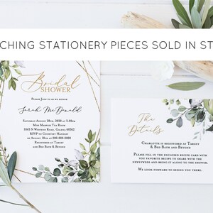 May include: Bridal shower invitation and details card with gold text and geometric accents. The invitation includes event details and RSVP information. The details card asks guests to bring a recipe. Greenery and floral elements decorate the cards.