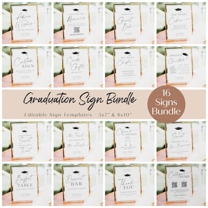 Könnte beinhalten: Ein Abschluss-Schild-Bundle mit 16 bearbeitbaren Vorlagen. Jedes Schild hat einen goldenen Rahmen und einen weißen Hintergrund mit schwarzem Text. Die Schilder enthalten Sätze wie "Ratschläge & Wünsche" und "Gästebuch".