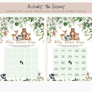 May include: A printable baby shower bingo card with a woodland theme. The card features a green and brown color scheme with illustrations of woodland animals. The bingo card has a list of baby items such as crib, wipes, lotion, hooded towel, baby powder, baby blanket, bath tub, baby carrier, onesie, baby shoes, rattle, diaper cream, mobile, burp cloths, baby clothes, changing mat, diaper bag, rattle, baby quilt, baby spoons, socks, diapers, picture frame, and book.