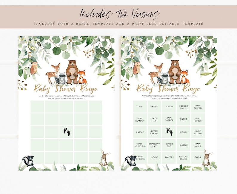 May include: A printable baby shower bingo card with a woodland theme. The card features a green and brown color scheme with illustrations of woodland animals. The bingo card has a list of baby items such as crib, wipes, lotion, hooded towel, baby powder, baby blanket, bath tub, baby carrier, onesie, baby shoes, rattle, diaper cream, mobile, burp cloths, baby clothes, changing mat, diaper bag, rattle, baby quilt, baby spoons, socks, diapers, picture frame, and book.