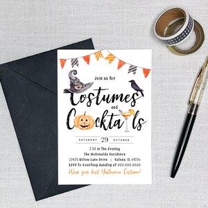 May include: Halloween party invitation with a witch's hat, a jack-o'-lantern, and a cocktail glass. The invitation reads "Join us for Costumes and Cocktails" and includes the date, time, and location of the party.
