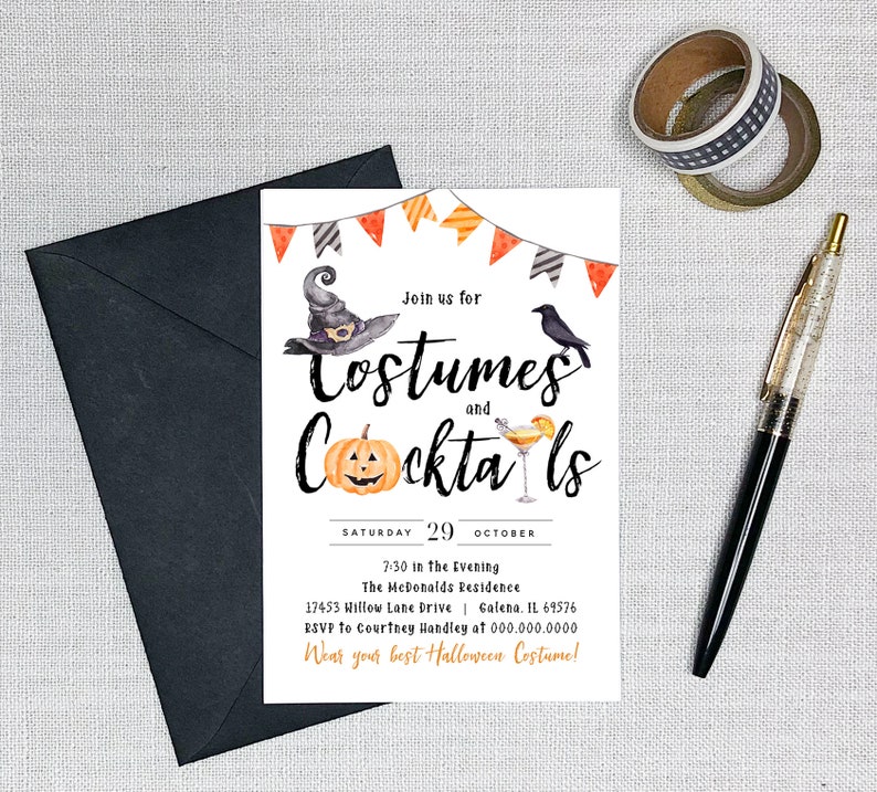 May include: Halloween party invitation with a witch's hat, a jack-o'-lantern, and a cocktail glass. The invitation reads "Join us for Costumes and Cocktails" and includes the date, time, and location of the party.
