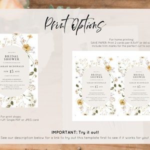May include: Printable bridal shower invitation template with a floral design featuring yellow flowers and green leaves. The text on the invitation reads "Bridal Shower" and "Sarah McDonald".