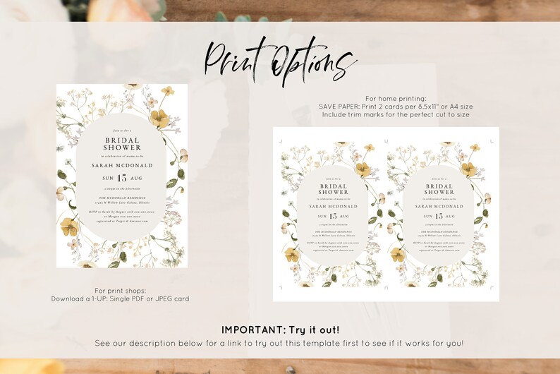 May include: Printable bridal shower invitation template with a floral design featuring yellow flowers and green leaves. The text on the invitation reads "Bridal Shower" and "Sarah McDonald".