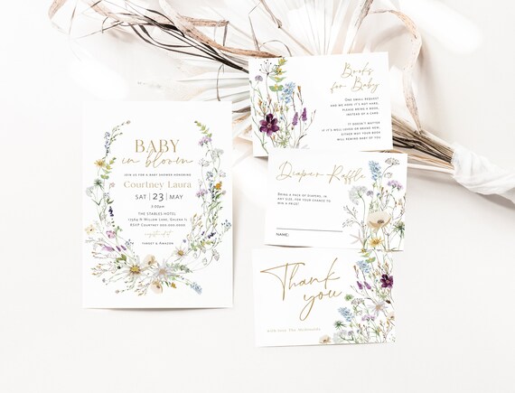 Wildflower Baby in Bloom Invitation, Baby Shower Bundle, Baby Shower Invitation, Books for Baby Card, Diaper Raffle, TEMPLETT, WLP-PRW 5281