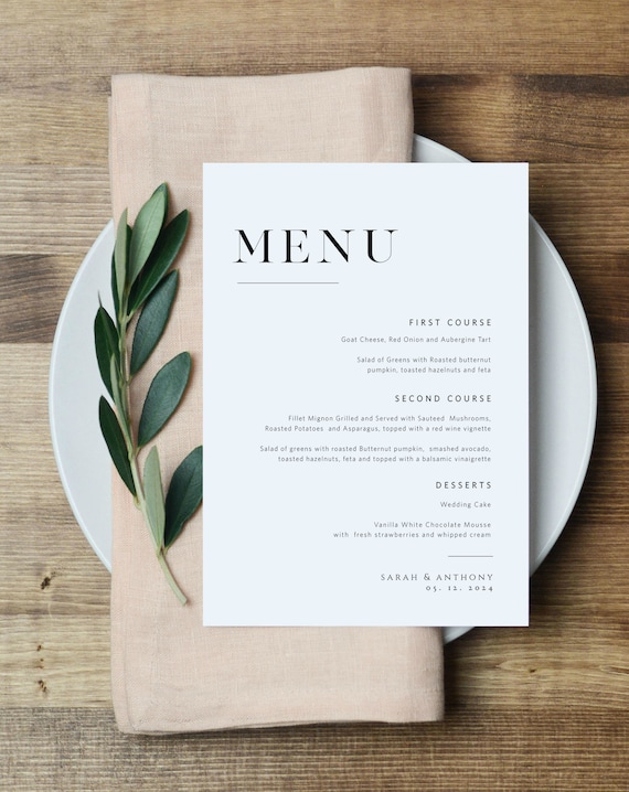 Minimalist Wedding Menu Printable, Templett Menu, Printable Wedding Menu, Editable Menu Card, Instant Download, WLP-SLI 2989