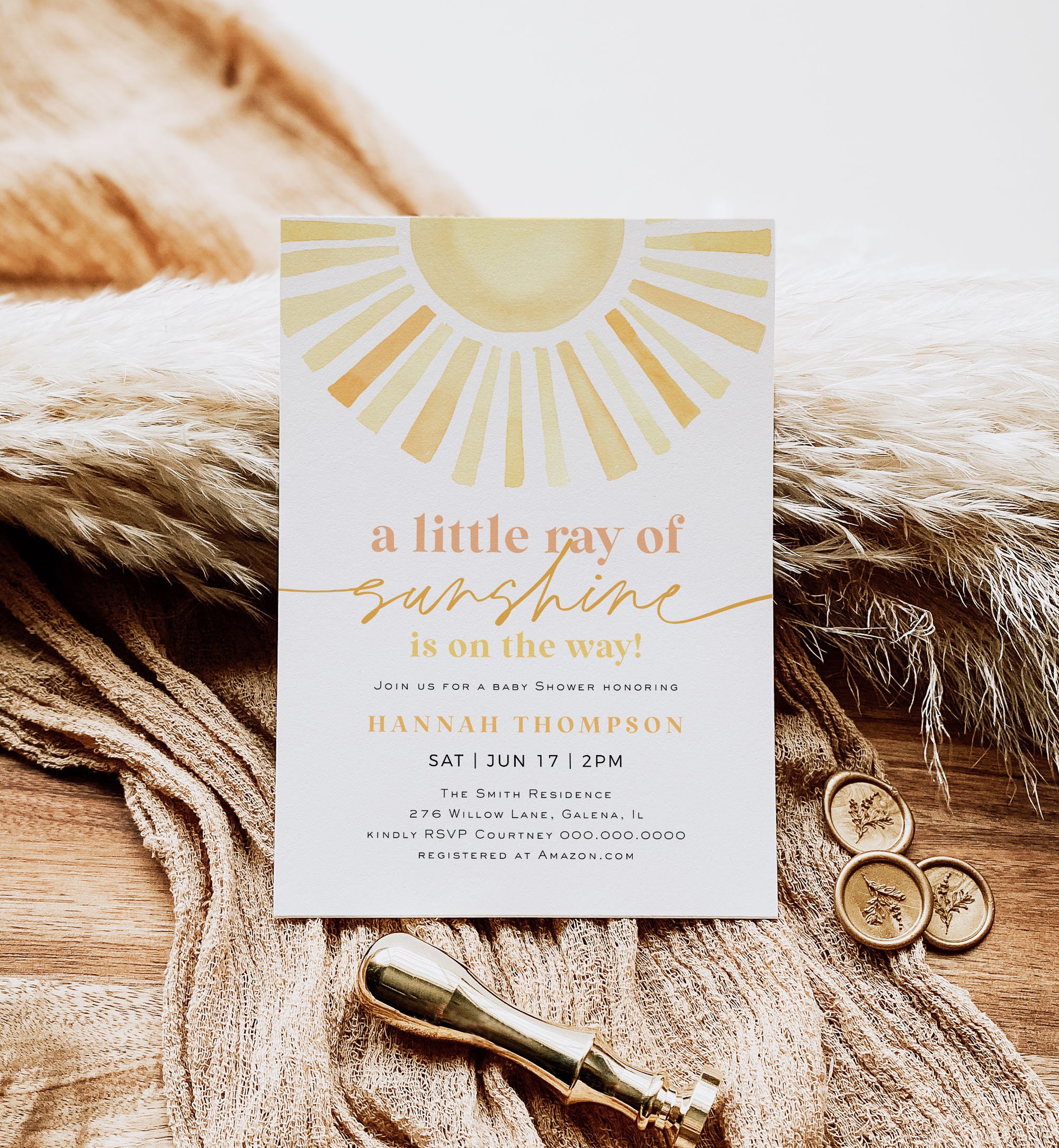 A Little Ray of Sunshine Invitation, Sun Baby Shower Invitation, Sunshine Baby Invitation, Edit with TEMPLETT, WLP-SSU 7269