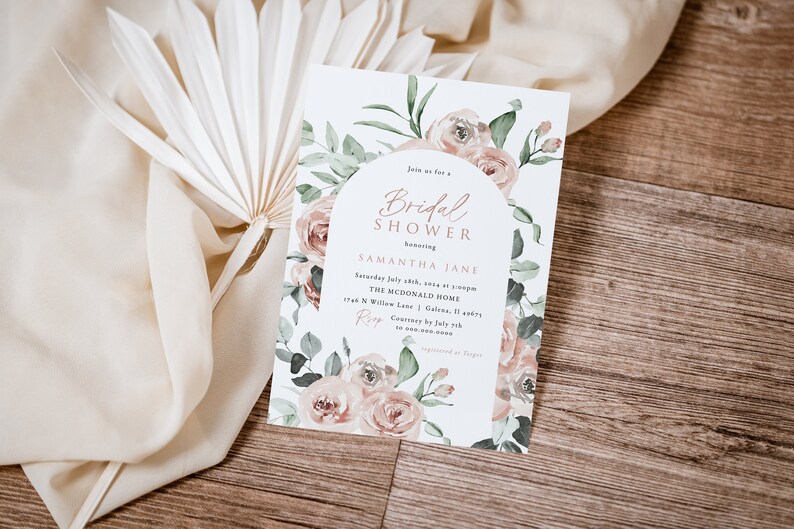 Bridal Shower Invitation, Dusty Pink Bridal Invitation, Boho Bridal Shower Invitation, Instant Download, Edit with TEMPLETT, WLP-ROS 4839 image 2