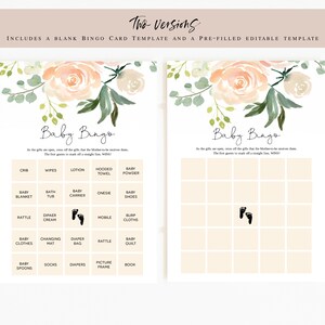 May include: A printable baby shower bingo card with a floral design. The card has a list of baby items, such as a crib, wipes, lotion, hooded towel, baby powder, baby blanket, bath tub, baby carrier, onesie, baby shoes, rattle, diaper cream, mobile, burp cloths, baby clothes, changing mat, diaper bag, rattle, baby quilt, baby spoons, socks, diapers, picture frame, and book. The card also has a blank bingo card with a space for the player to mark off the items as they are opened.