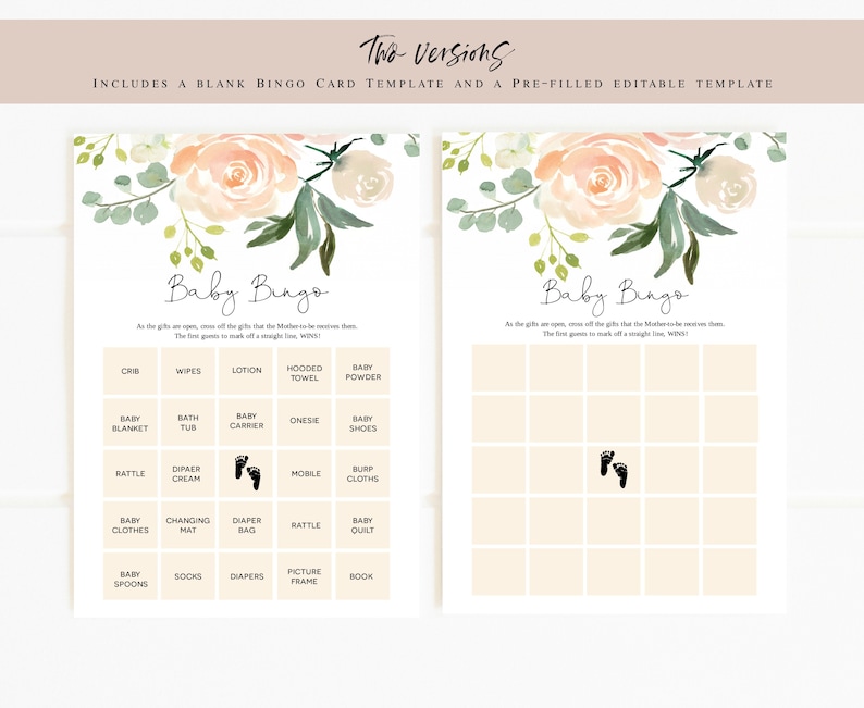 May include: A printable baby shower bingo card with a floral design. The card has a list of baby items, such as a crib, wipes, lotion, hooded towel, baby powder, baby blanket, bath tub, baby carrier, onesie, baby shoes, rattle, diaper cream, mobile, burp cloths, baby clothes, changing mat, diaper bag, rattle, baby quilt, baby spoons, socks, diapers, picture frame, and book. The card also has a blank bingo card with a space for the player to mark off the items as they are opened.