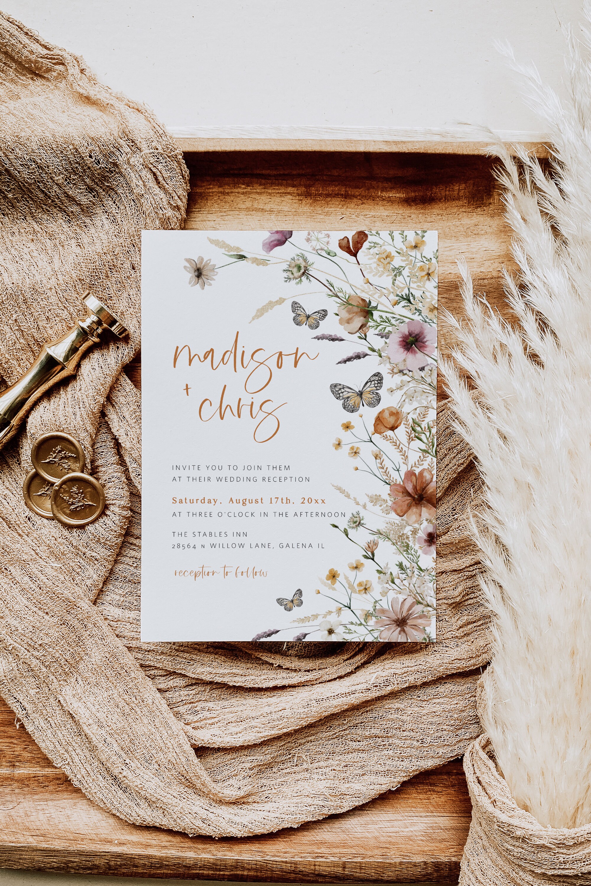 Boho Wedding Invitation, Wildflower Wedding Invitation, Butterfly Wedding  Invite, Instant Download, Edit With TEMPLETT, WLP-BUT 7109 - Etsy, image size:2000x3000