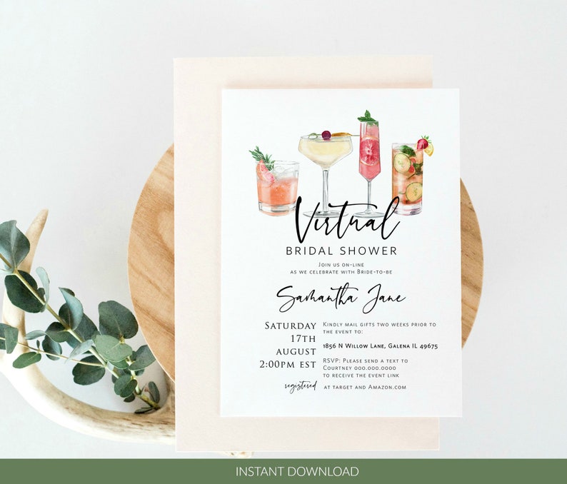 Virtual Bridal Shower Invitation, Social Distancing Bridal Shower Template, Long Distance Bridal Shower,Cocktails, TEMPLETT, WLP-COC image 2