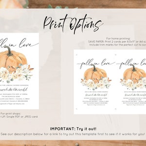 Puede incluir: Invitaci&oacute;n imprimible para una despedida de soltera con una ilustraci&oacute;n de acuarela de una calabaza con flores blancas y vegetaci&oacute;n. El texto "fall in love" est&aacute; escrito en cursiva sobre la calabaza. El texto de la invitaci&oacute;n dice "&Uacute;nete a nosotros para una despedida de soltera en honor a Sarah Mc Donald".