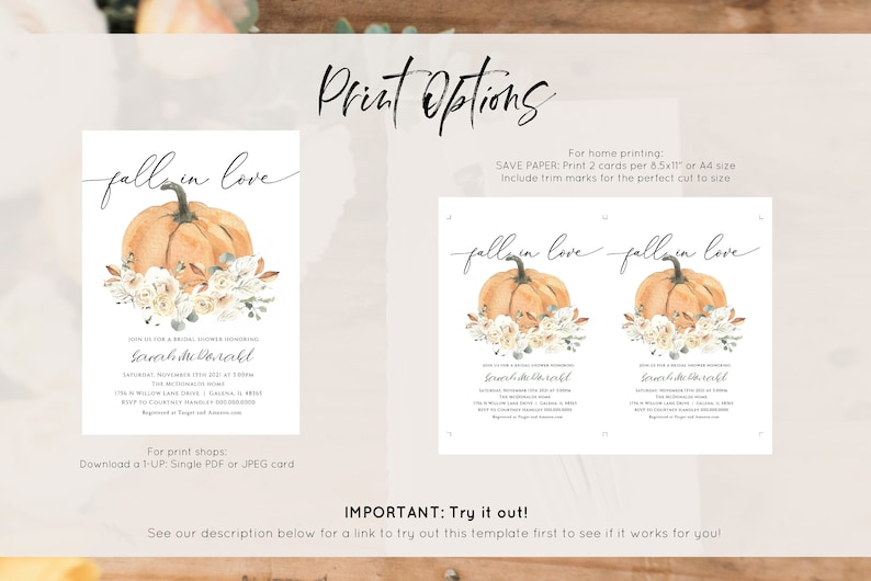 Puede incluir: Invitaci&oacute;n imprimible para una despedida de soltera con una ilustraci&oacute;n de acuarela de una calabaza con flores blancas y vegetaci&oacute;n. El texto "fall in love" est&aacute; escrito en cursiva sobre la calabaza. El texto de la invitaci&oacute;n dice "&Uacute;nete a nosotros para una despedida de soltera en honor a Sarah Mc Donald".