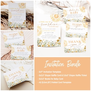 K&ouml;nnte beinhalten: Ein Babyparty-Einladungsset mit einem Sonnenblumen-Motiv. Das Set beinhaltet eine 5x7 Zoll gro&szlig;e Einladungsvorlage, eine 5x3,5 Zoll gro&szlig;e Windel-Tombola-Karte, ein 3,5x2 Zoll gro&szlig;es Windel-Tombola-Ticket, eine 5x3,5 Zoll gro&szlig;e Karte f&uuml;r B&uuml;cher f&uuml;r Babys und eine A2 (5,5x4,25 Zoll) gro&szlig;e gefaltete Kartenvorlage. Die Karten zeigen eine gelbe Sonnenblume mit einem wei&szlig;en Zentrum und gr&uuml;nen Bl&auml;ttern sowie ein Blumenmuster.