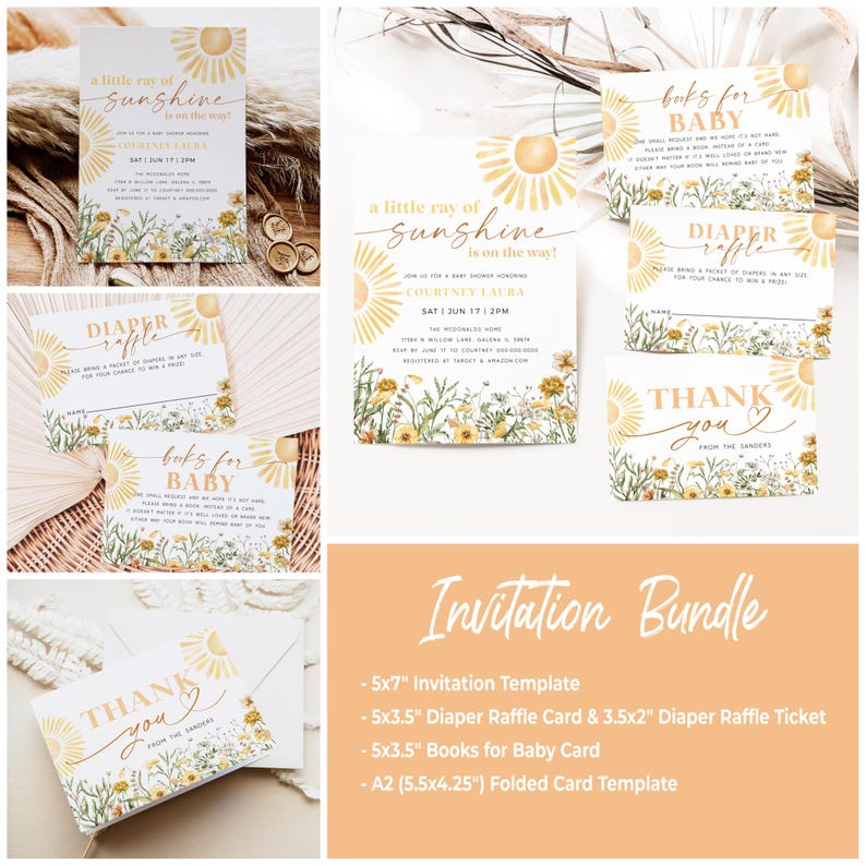 K&ouml;nnte beinhalten: Ein Babyparty-Einladungsset mit einem Sonnenblumen-Motiv. Das Set beinhaltet eine 5x7 Zoll gro&szlig;e Einladungsvorlage, eine 5x3,5 Zoll gro&szlig;e Windel-Tombola-Karte, ein 3,5x2 Zoll gro&szlig;es Windel-Tombola-Ticket, eine 5x3,5 Zoll gro&szlig;e Karte f&uuml;r B&uuml;cher f&uuml;r Babys und eine A2 (5,5x4,25 Zoll) gro&szlig;e gefaltete Kartenvorlage. Die Karten zeigen eine gelbe Sonnenblume mit einem wei&szlig;en Zentrum und gr&uuml;nen Bl&auml;ttern sowie ein Blumenmuster.
