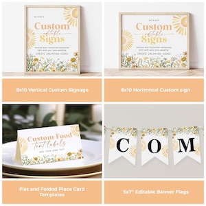 K&ouml;nnte beinhalten: Ein Satz druckbarer Vorlagen zum Erstellen von individuellen Schildern. Die Vorlagen zeigen ein florales Design mit gelben Sonnenblumen und gr&uuml;nen Bl&auml;ttern. Der Text auf den Vorlagen lautet "Custom editable Signs". Die Vorlagen sind in den Gr&ouml;&szlig;en 20,32 x 25,4 cm vertikal und horizontal erh&auml;ltlich.