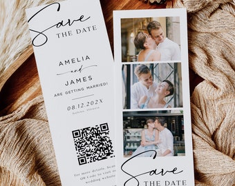 Photo Strip Save the Date, Editable Photo Booth Wedding Date Card, Modern Wedding Save the Date QR Code, Edit w Templett, WLP-SAL 7333