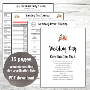 Hochzeitstag-Koordinierungs-Arbeitsblatt-Listen PDF, Hochzeitsplanung, sofortiger Download, Big Day-Planungslisten, druckbare PDFs