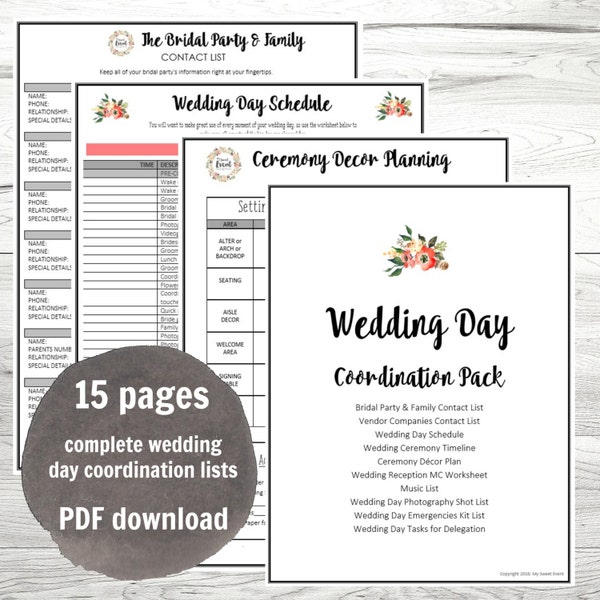 Wedding Day Coordination Worksheet Lists PDF, Wedding planning, Instant download, Big Day Planning Lists, Printable PDFs