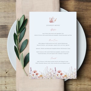 Tea Party Menu Template, Printable Menu Card, Wildflower Tea Party Menu Card, Instant Download, Edit with TEMPLETT, WLP-PTE 7393