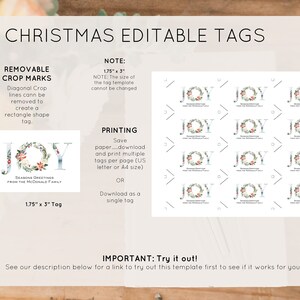 May include: Printable Christmas gift tags with a floral wreath design and the word "JOY" in blue and white letters. The tags are 1.75 inches by 3 inches and can be printed on US letter or A4 size paper.