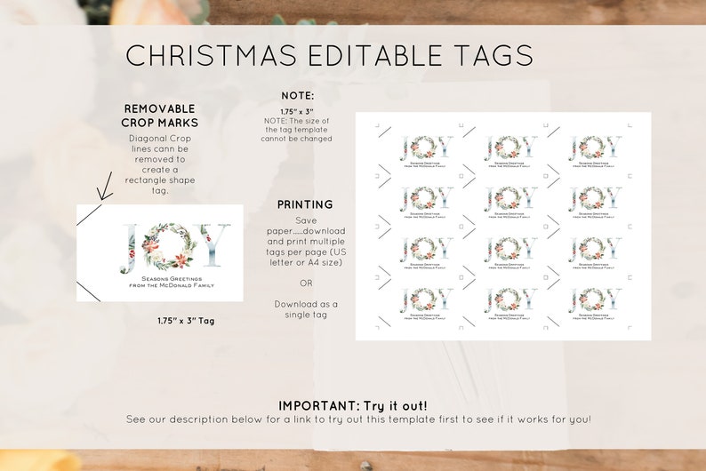 May include: Printable Christmas gift tags with a floral wreath design and the word "JOY" in blue and white letters. The tags are 1.75 inches by 3 inches and can be printed on US letter or A4 size paper.