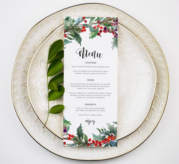 Christmas Menu, Christmas Holly Menu, Printable Christmas Menu , 2 Sizes, Instant Download, Holiday Menu Card, TEMPLETT, WLP-HOL 3913