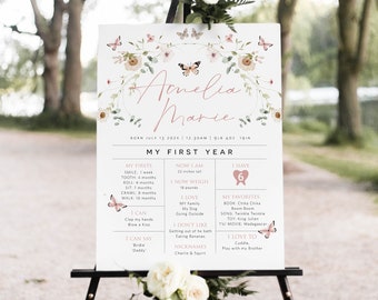 Butterfly Baby Milestone Board, Floral First Birthday Poster, 1st Birthday Milestone Poster, Milestone Sign, Edit w TEMPLETT, WLP-BUT 7066