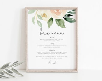 Blush Bar Menu Sign, Greenery Bar Menu Template, Printable Bar Menu Sign, TEMPLETT, Edit Yourself, WLP-BLU 912