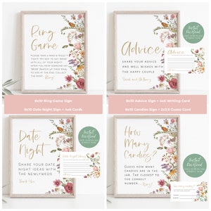 May include: Printable wedding game signs with floral designs. The signs include instructions for a ring game, advice for the couple, date night ideas, and a how many candies game. The signs are in a light pink, green, and brown color scheme.