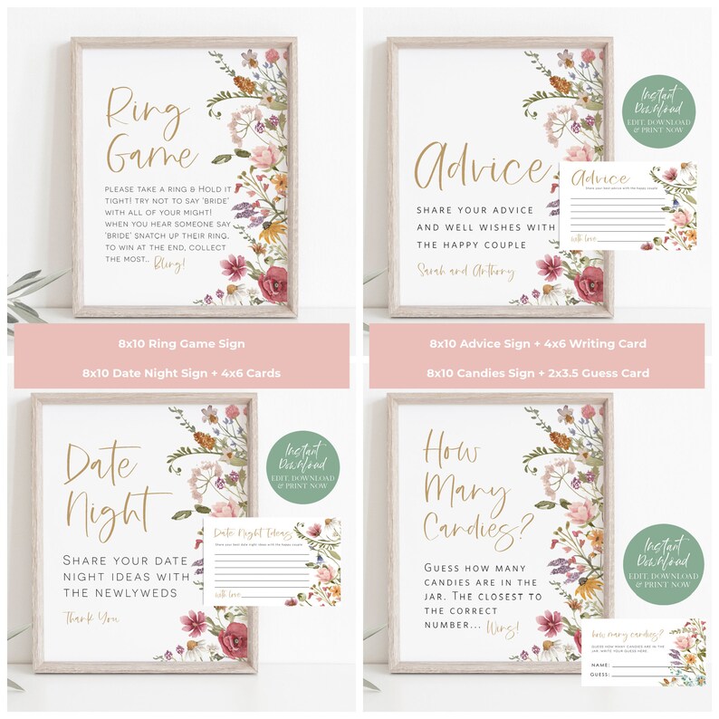 May include: Printable wedding game signs with floral designs. The signs include instructions for a ring game, advice for the couple, date night ideas, and a how many candies game. The signs are in a light pink, green, and brown color scheme.