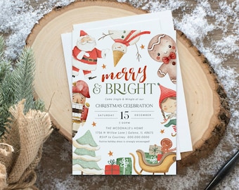 May include: Christmas party invitation with a watercolor illustration of Santa Claus, a snowman, a gingerbread man, a nutcracker, and an elf. The text reads "merry & BRIGHT Come Jingle & Mingle at our CHRISTMAS CELEBRATION SATURDAY 15 DECEMBER 7:00PM THE MCDONALD'S HOME 1756 N Willow Lane | Galena, IL 48675 RSVP to Courtney 000.000.0000 Festive holiday dress is strongly encouraged!"