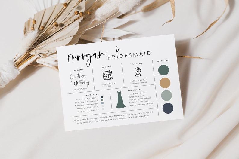 Editable Bridesmaid Information Card, Bridal Party Information Template, Bridal Proposal Card, Infographic, Edit with TEMPLETT, WLP-SIL 5252 image 2