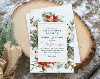 May include: A white Christmas dinner invitation with a gold frame and watercolor illustrations of poinsettias, cotton, and greenery. The text reads "Please join us for Christmas Dinner Saturday 15 December 6:30PM The Mor Doodle Home 1856 N Willow Lane, Galena IL 47463 RSVP to Courtney by December 10th Phone or Text 600.000.0000 Please bring along a $10 wrapped Secret Santa gift to share in the fun."