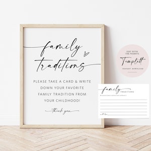 Family Tradtions Sign and Note Cards, Printable Share Your Traditions, Minimalist Baby Shower, TEMPLETT WLP-LIN 6199