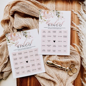 Bingo nupcial rosa, juego de bingo de despedida de soltera, tarjetas de bingo imprimibles, tarjeta de bingo editable, editar con TEMPLETT, WLP-PGO 4365