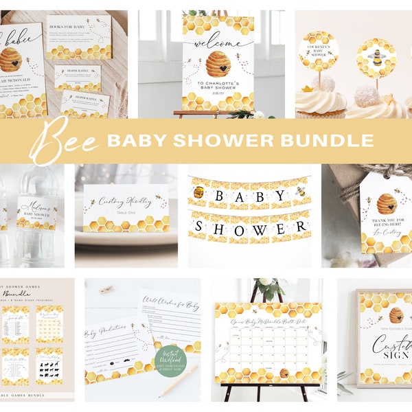 Bee Baby Shower Invitation Bundle, Printable Baby Shower Invitation and Games, Bee Baby Shower Decorations Set, TEMPLETT, WLP-BEE 5680