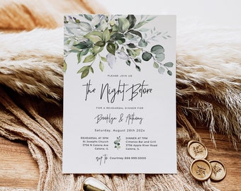 May include: A watercolor floral design wedding invitation with the text "The Night Before" for a rehearsal dinner for Brooklyn & Anthony. The invitation includes the date, time, and location for the rehearsal and dinner.