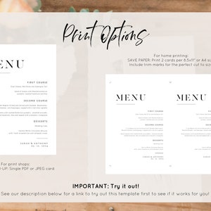 May include: A printable wedding menu template with the text "MENU" at the top. The template includes a sample menu with first course, second course, and dessert options. The template also includes the names "Sarah & Anthony" and the date "01.12.2023". The template is designed to be printed on 8.5x11 inch paper or A4 size paper. The template includes trim marks for easy cutting.